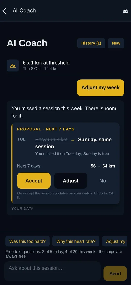 The coach proposing to move a missed easy run to Sunday, with Accept, Adjust and No buttons