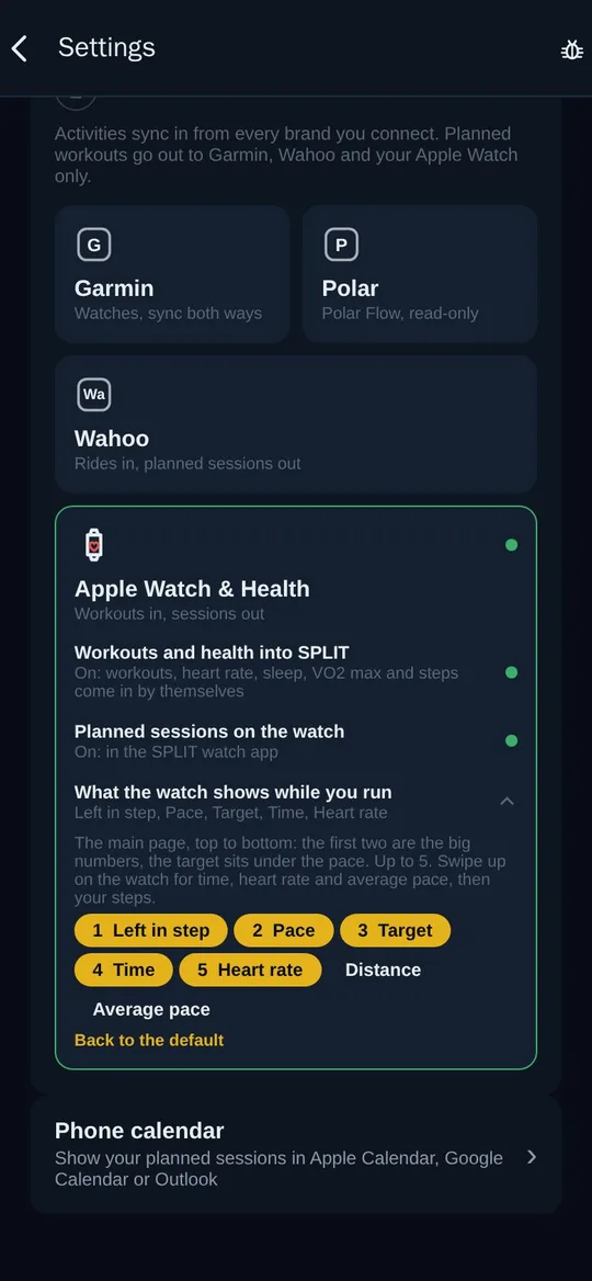Device connections in the app settings: Garmin, Polar, Wahoo and Apple Watch with Apple Health