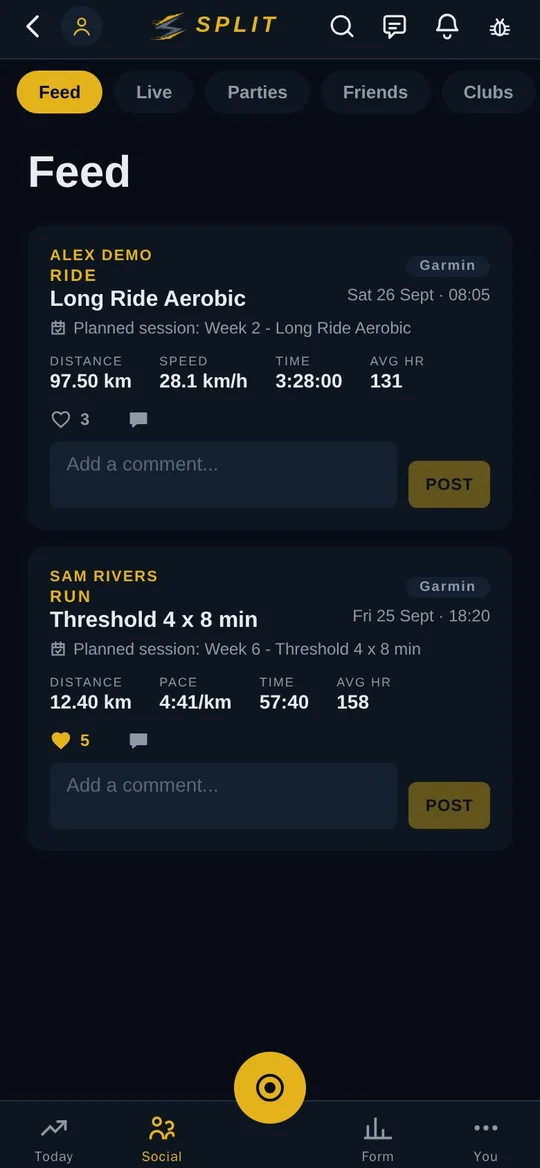 The feed: a long aerobic ride and a threshold run, each linked to the planned session it completed