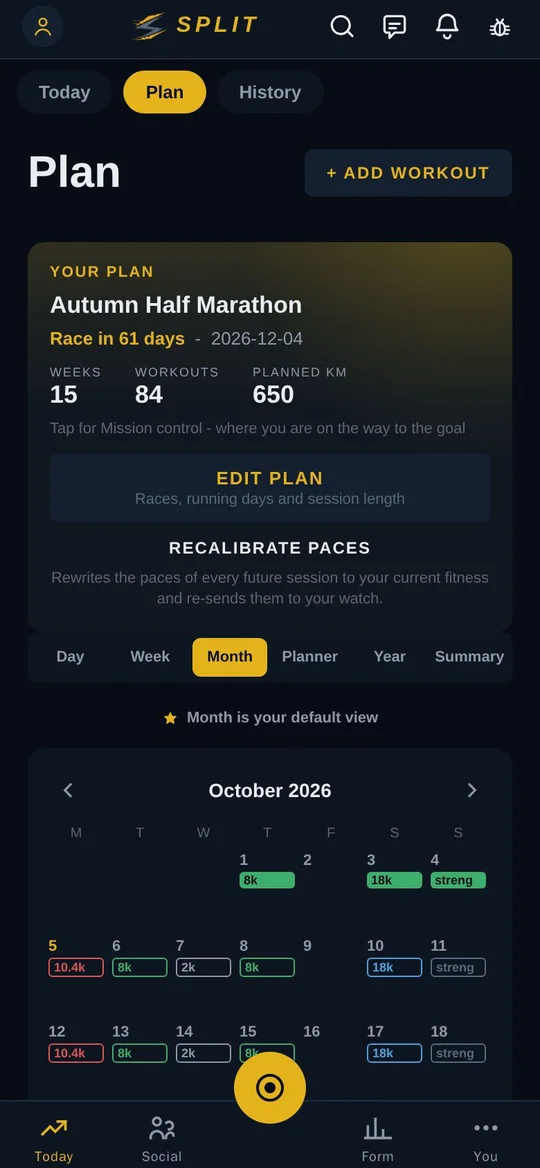 The SPLIT app's Plan tab: an Autumn Half Marathon plan with the race countdown and the October calendar