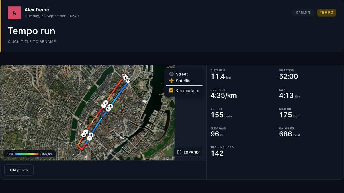 Tempo run with pace-coloured route on a satellite map